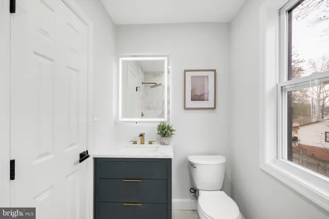 a bathroom with a sink mirror and toilet