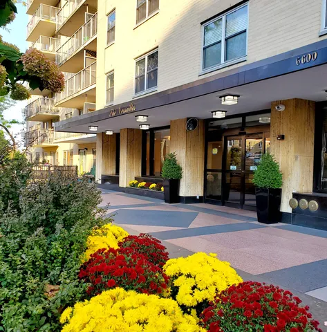 a view of a swimming pool with flower pots