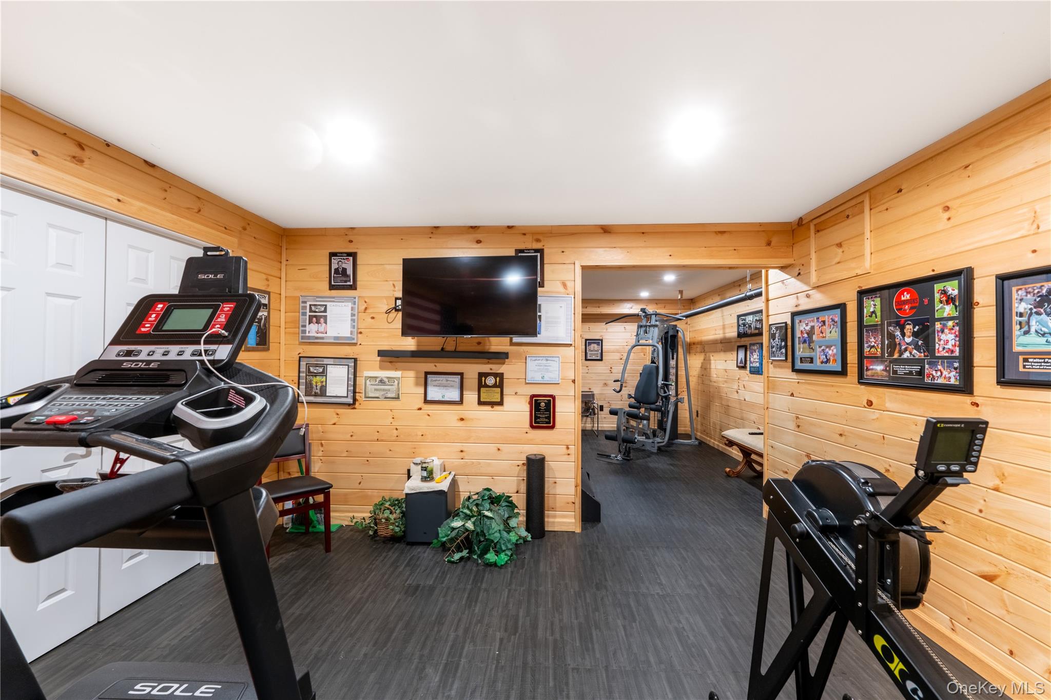 60 Idlewild Road Marlboro, NY 12542 - Photo 32 of 37 Basement Recreational room featuring Pine wood-panel walls, rubber flooring, and recessed lighting