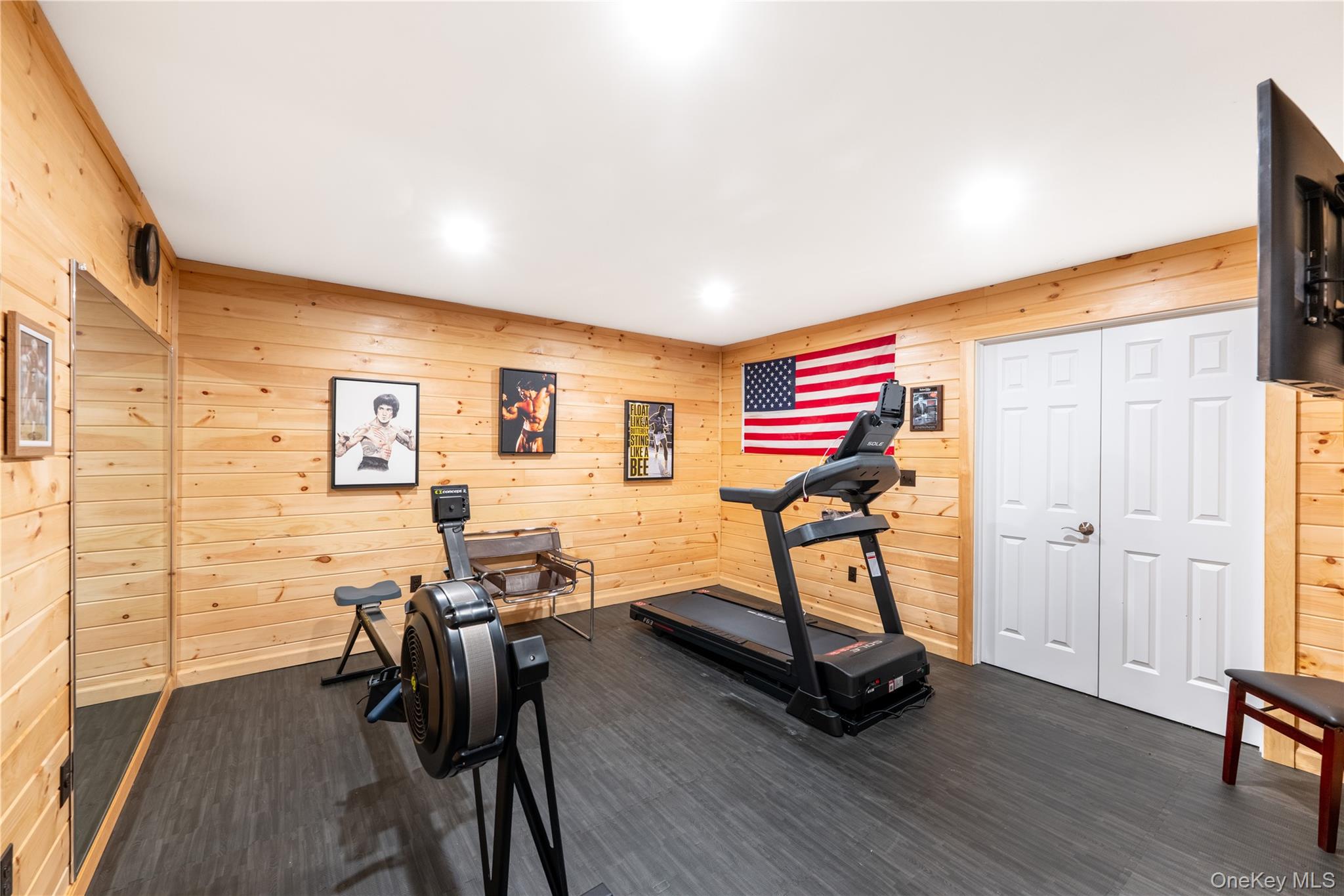 60 Idlewild Road Marlboro, NY 12542 - Photo 33 of 37 Room with pine wood-finish paneling, dark rubber flooring, and recessed ceiling lighting