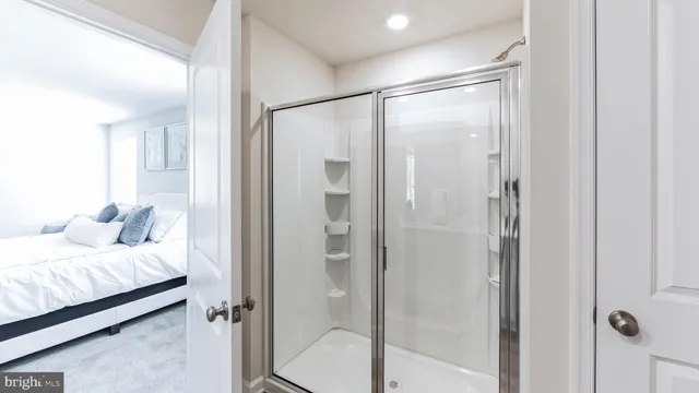 a bathroom with a shower and a bathroom