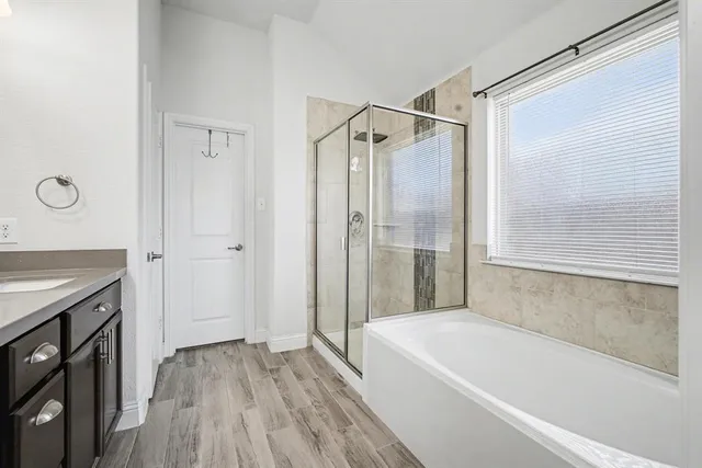 a bathroom with a tub shower vanity and a sink