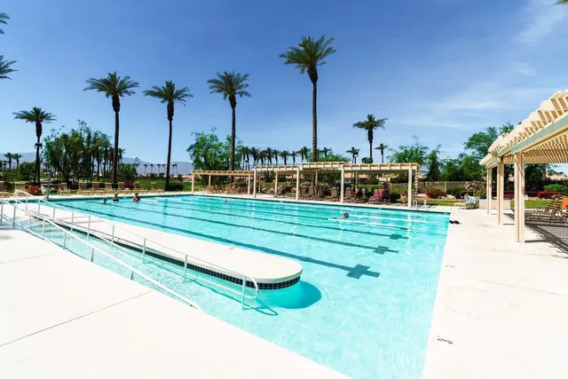 a view of a swimming pool with a yard and palm trees