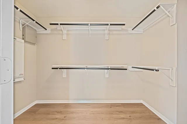 a view of a room with racks on the wall