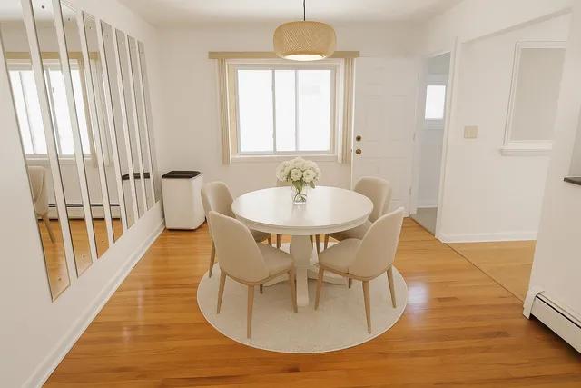 a dining room with wooden floor and a chandelier