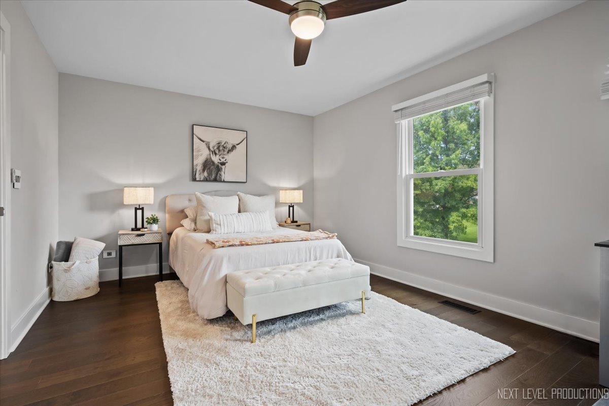 1257 Rhodes Lane Naperville, IL 60540 - Photo 19 of 24 a spacious bedroom with a bed painting on wall and windows