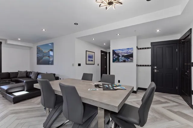 a view of a dining room with furniture