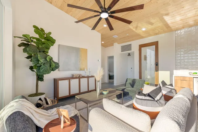 a living room with furniture and a potted plant