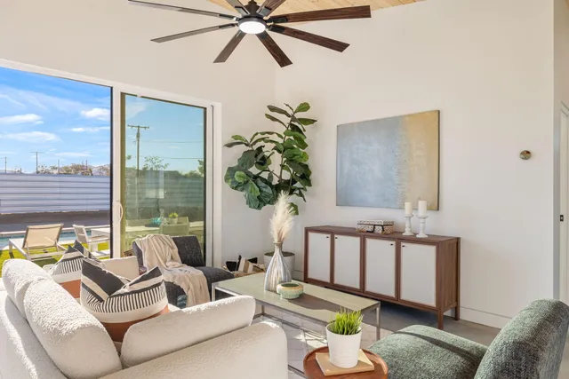 a living room with furniture and a potted plant