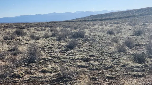 a view of a dry yard with mountains in the background
