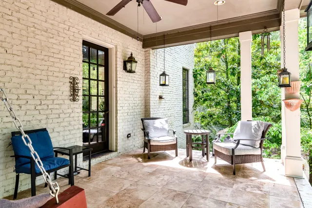 a building outdoor space with patio furniture