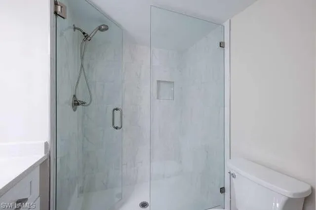 a bathroom with a shower and toilet