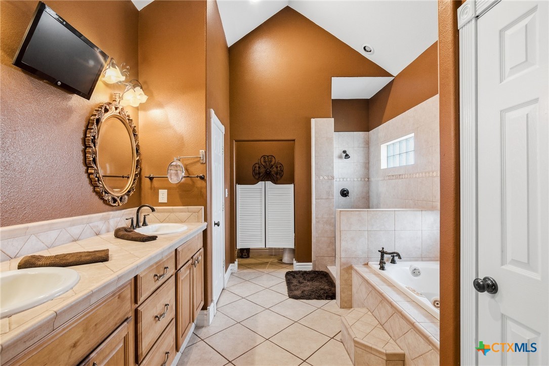 1739 Old Goliad Road Victoria, TX 77905 - Photo 20 of 43 a bathroom with a double vanity sink mirror and shower