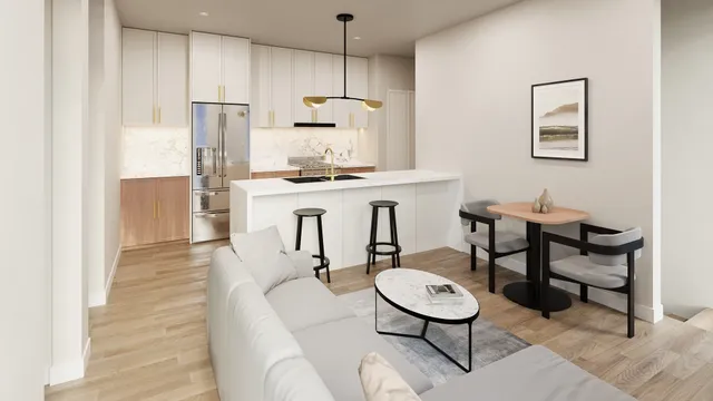 a kitchen with a table chairs stove and refrigerator