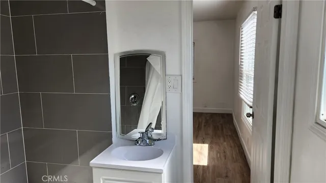a bathroom with a sink and a mirror