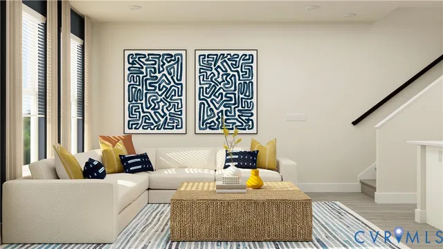 a living room with a couch and a table