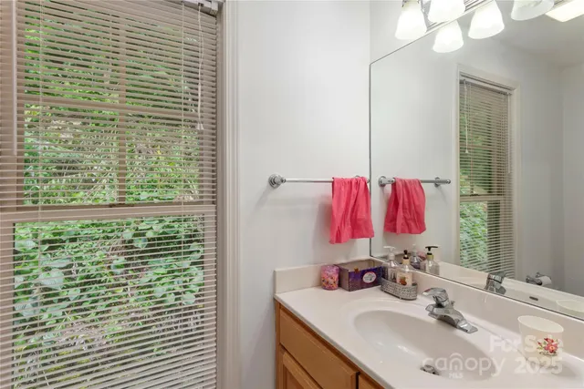 a bathroom with a sink vanity and a mirror