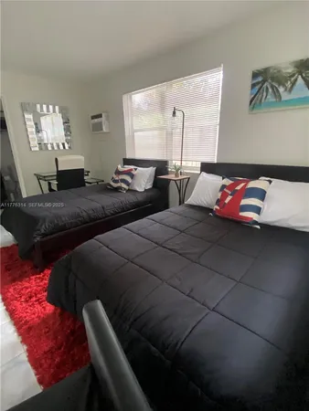 a bedroom with two beds and painted walls
