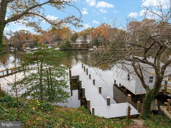 a lake view with boat and large trees