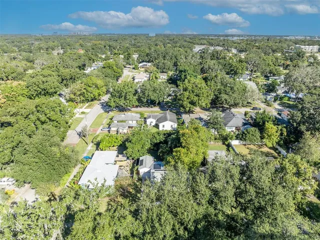 a view of a city with lush green forest