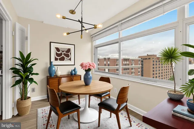 a dining room with furniture potted plants and wooden floor