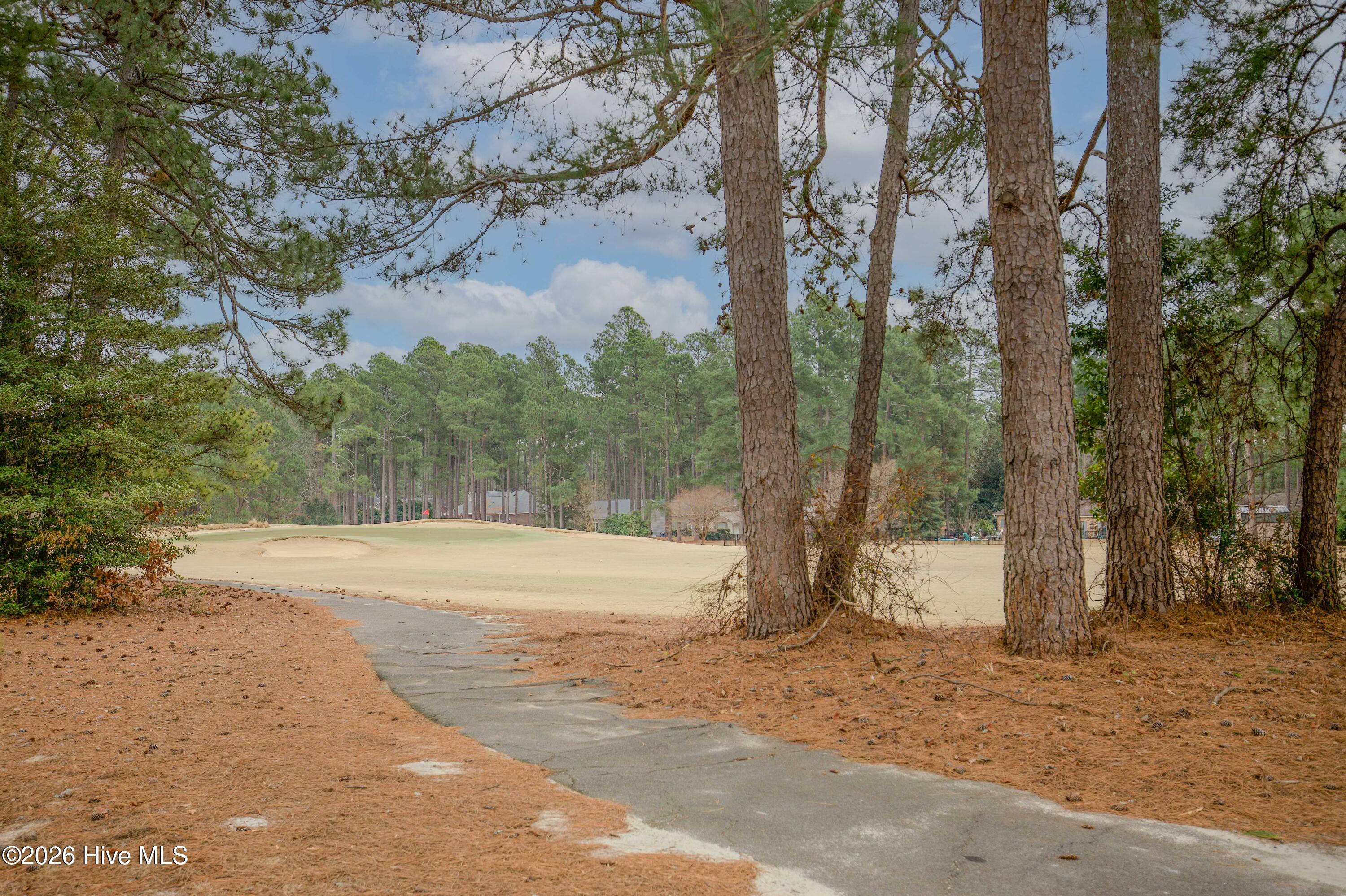 45 Richmond Road Jackson Springs, NC 27281 - Photo 82 of 93 Step out into nature with this stunning backyard view overlooking the golf course. Tall pines frame the scene, offering privacy while maintaining a serene, open feel. A paved path invites leisurely strolls or golf cart rides, with panoramic views of fairways and lush greenery, perfect for golf lovers or anyone seeking tranquility in a picturesque setting.
