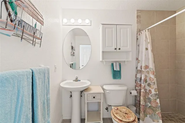 a bathroom with a shower and a toilet