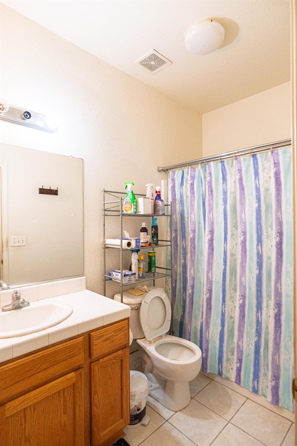 123 Manzanita Avenue Merced, CA 95341 - Photo 16 of 30 a bathroom with a sink a toilet and shower curtain