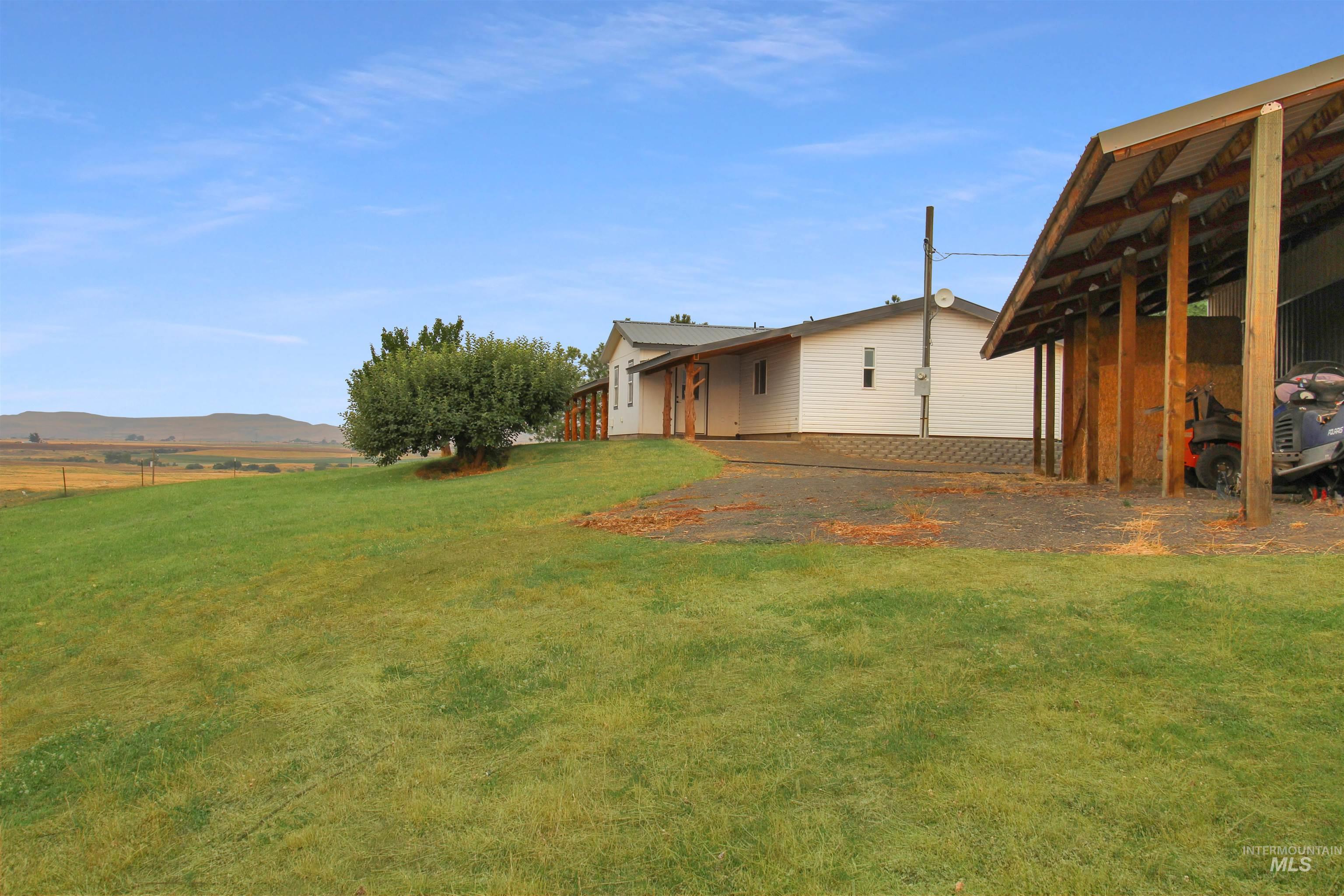 2469 Hague Road Midvale, ID 83645 - Photo 44 of 50 Expansive exterior featuring a verdant lawn, mature trees, a white-sided residence, and an open-sided outbuilding with a metal roof