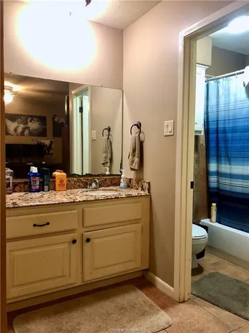 a bathroom with a granite countertop sink a toilet and a mirror