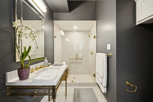 a bathroom with a sink a mirror and a shower