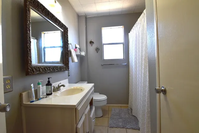 a bathroom with a sink toilet and mirror