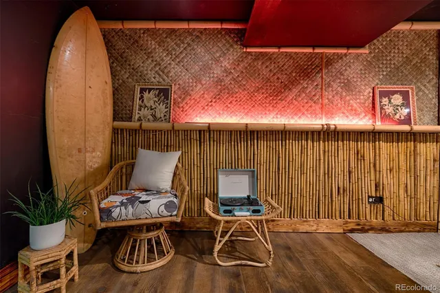 a outdoor space with patio furniture and a fireplace