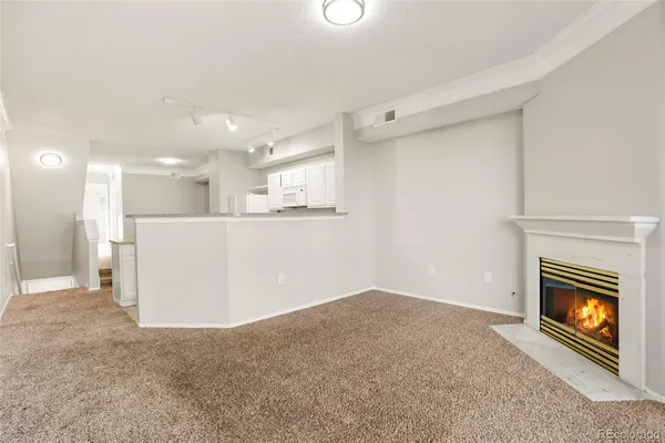 a view of an empty room and fire place