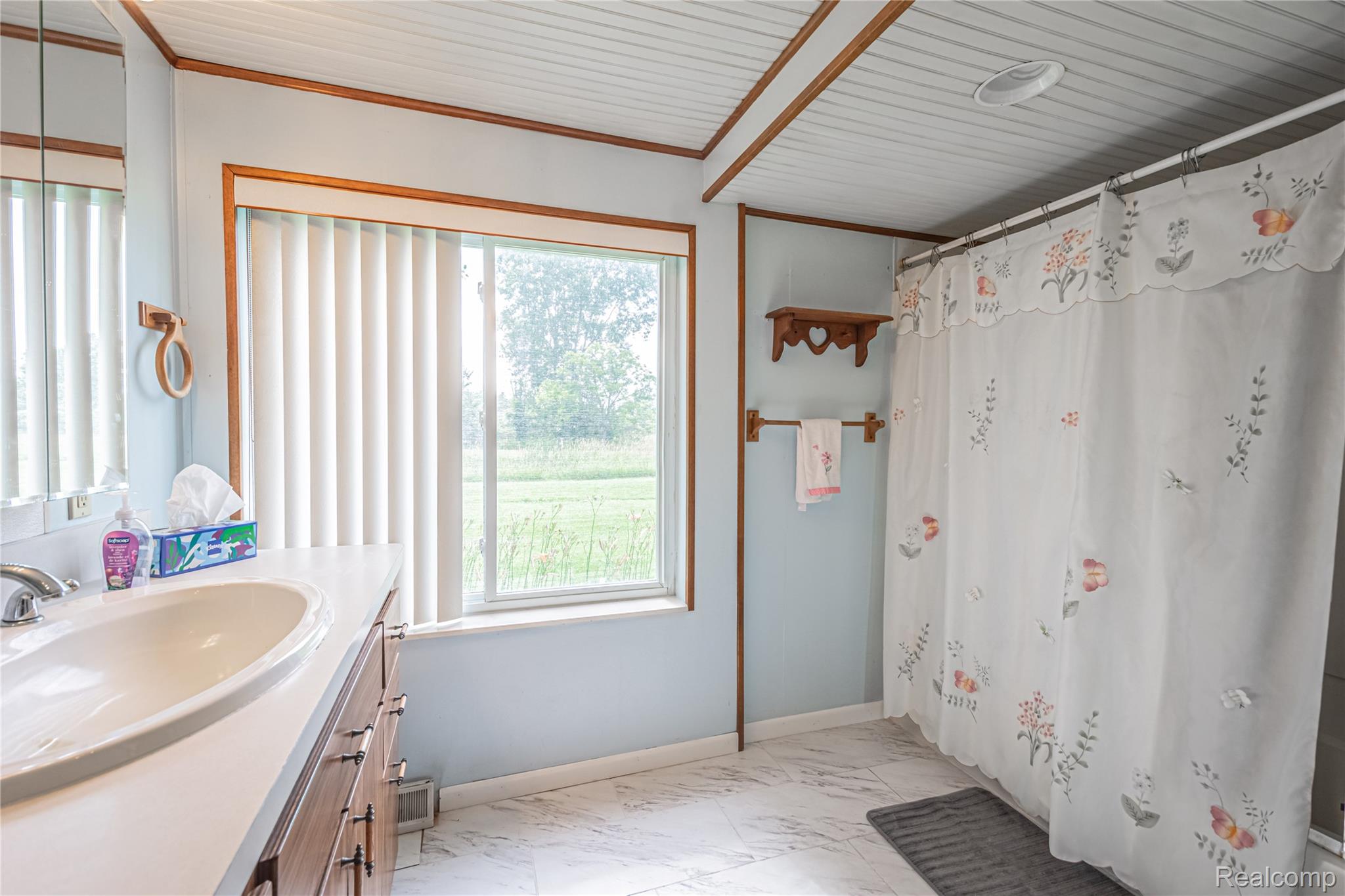 8384 Imlay City Road Avoca, MI 48006 - Photo 29 of 39 Bathroom featuring a window with vertical blinds, wood-finish trim, and a built-in vanity with an integrated sink