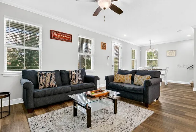 a living room with furniture a rug and a window