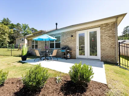 a garden view with a seating space