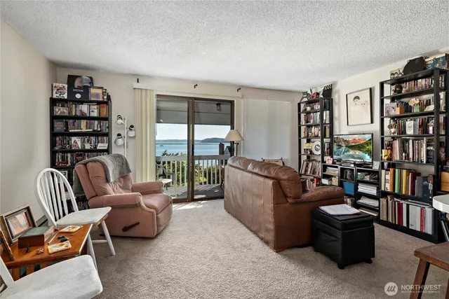 a living room with furniture and a book shelf