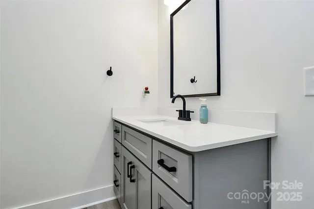 a bathroom with a sink and a mirror