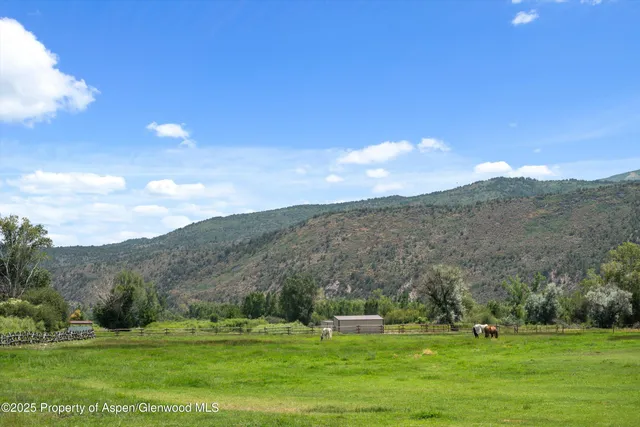 a view of grassy field with mountain