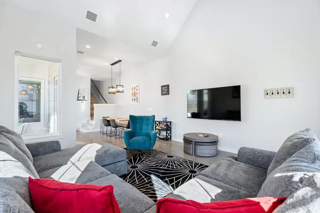 a view of a dining room with furniture