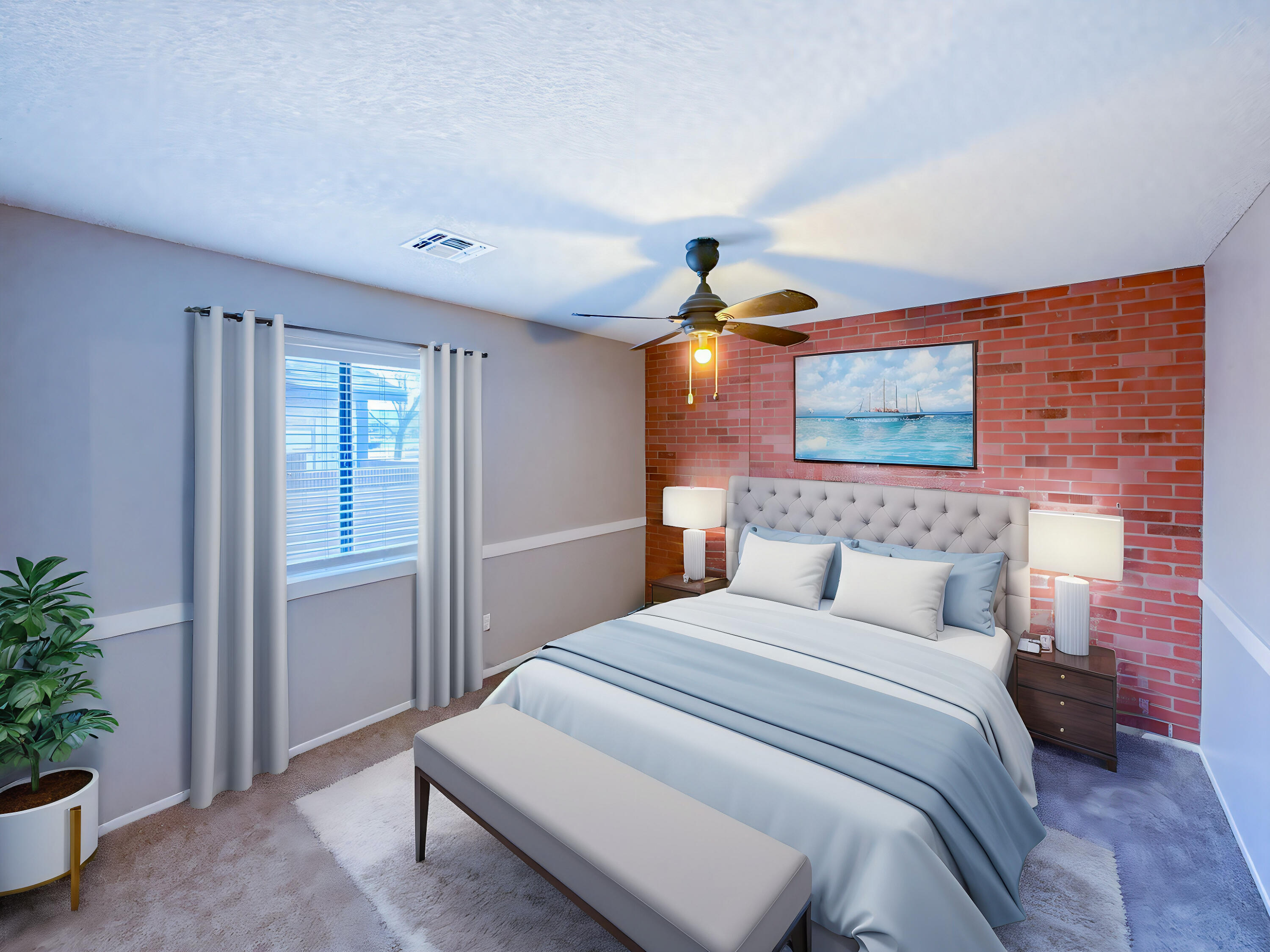 43840 Bobby Jones Drive, Unit 24 Lancaster, CA 93536 - Photo 22 of 29 a bedroom with a bed and a potted plant