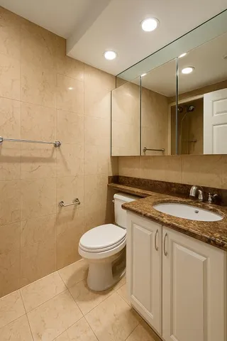 a bathroom with a granite countertop sink a toilet and a mirror