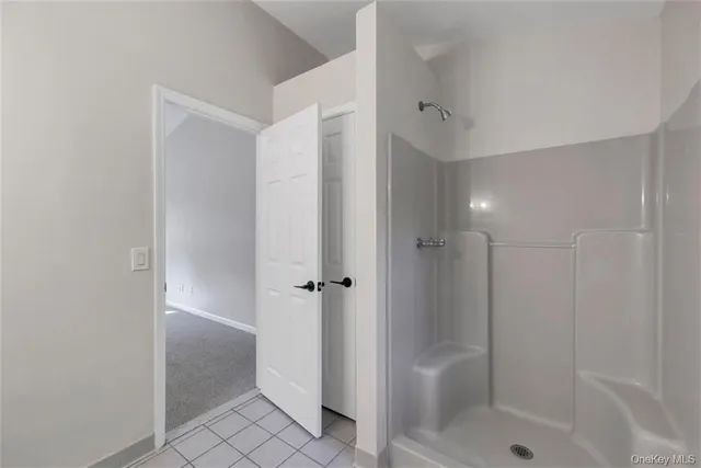 a bathroom with a shower and a toilet
