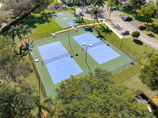 an aerial view of a tennis ground with large trees