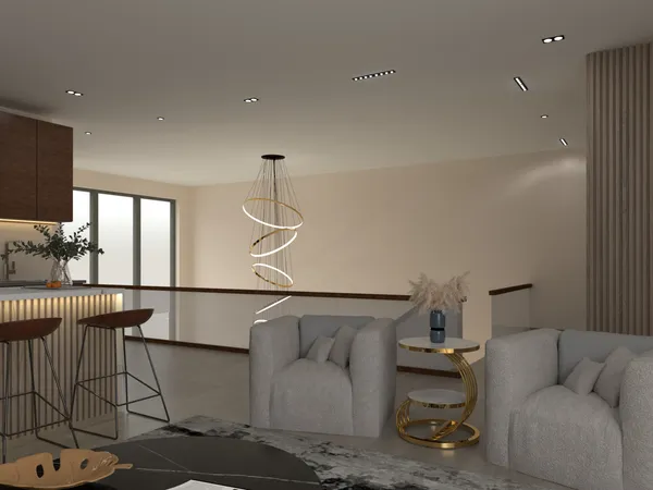 a living room with furniture and tables