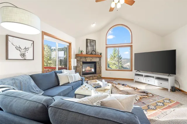 a living room with furniture a fireplace and a flat screen tv