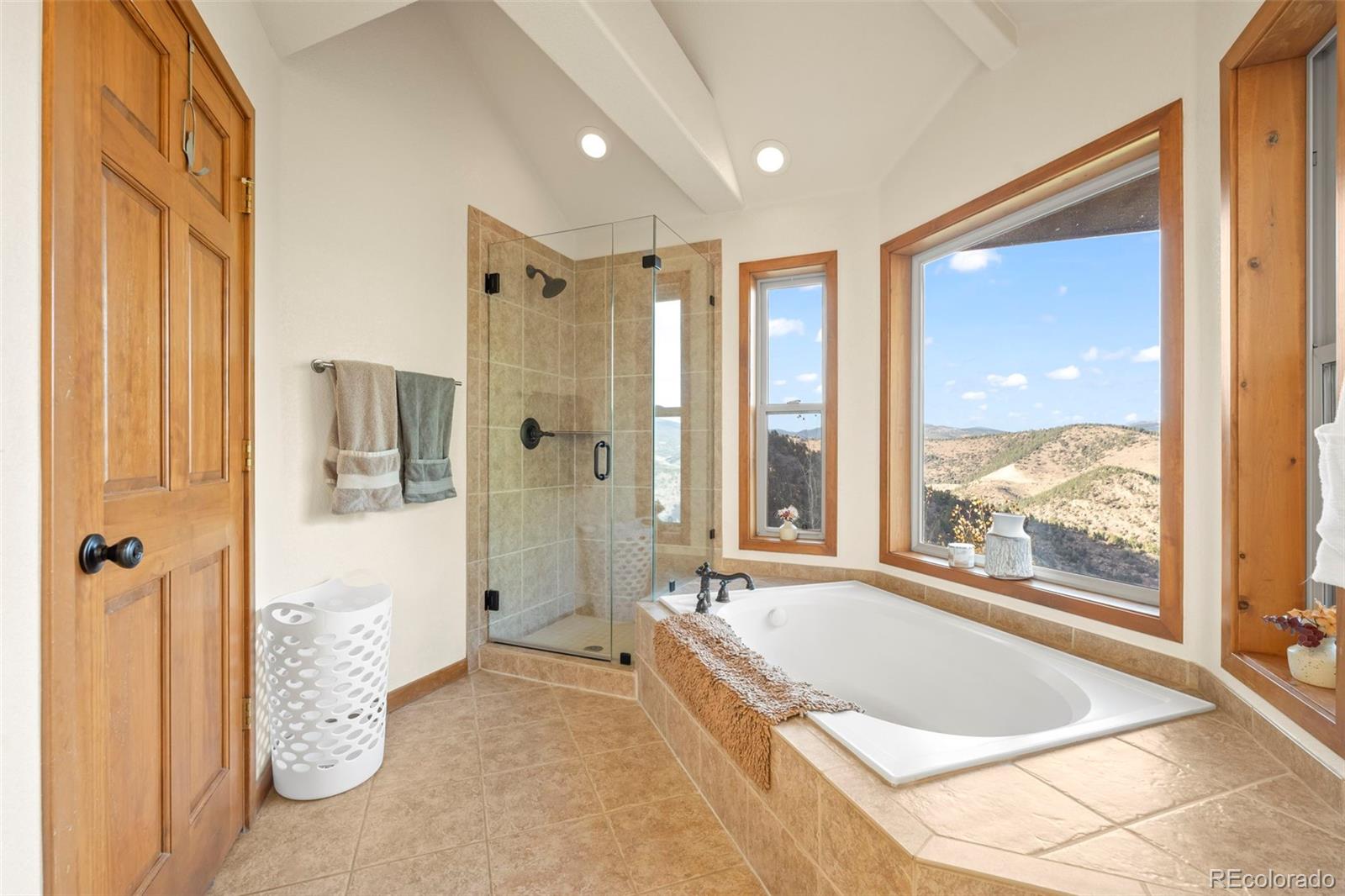 900 Sawmill Creek Road Evergreen, CO 80439 - Photo 33 of 50 a spacious bathroom with a tub shower and windows