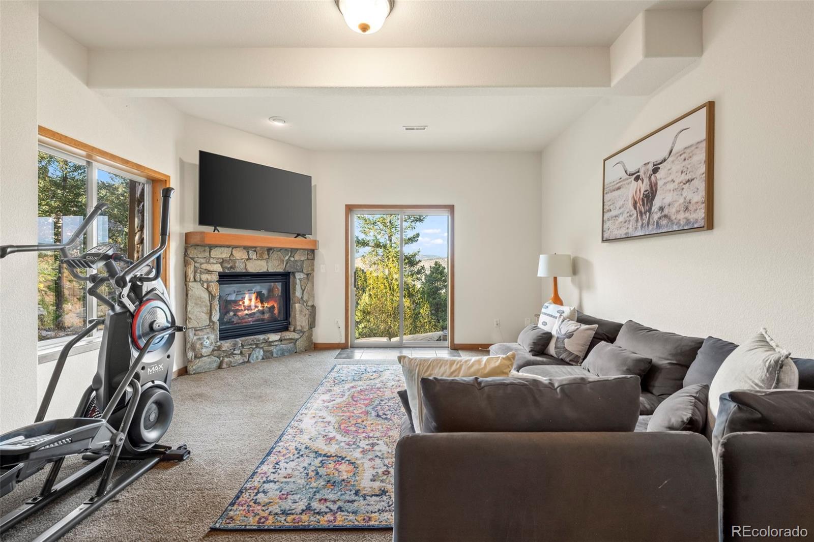 900 Sawmill Creek Road Evergreen, CO 80439 - Photo 42 of 50 a living room with furniture a flat screen tv and a fireplace