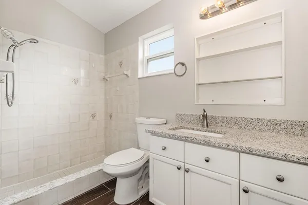 a bathroom with a granite countertop sink toilet and shower